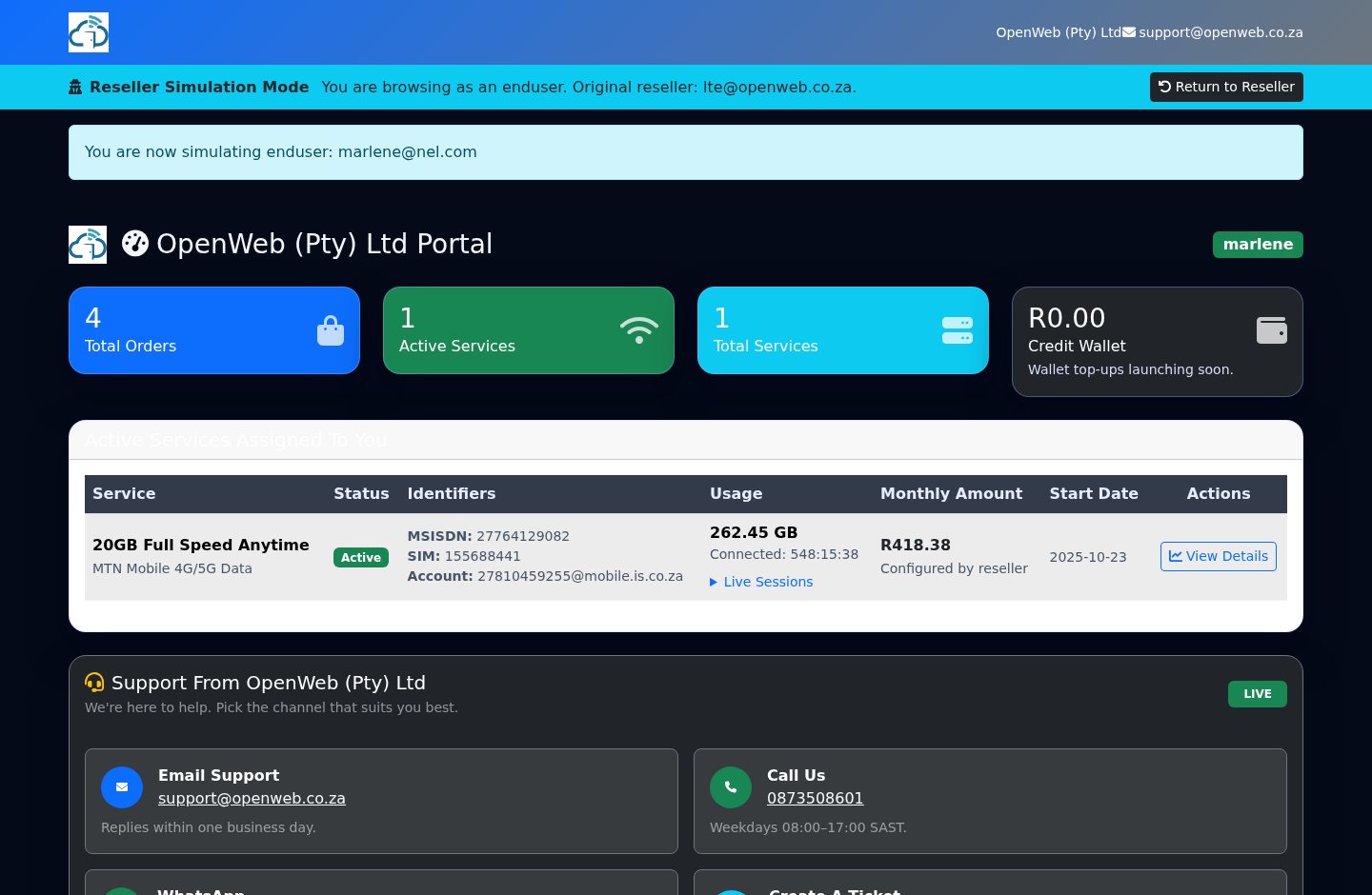 Live OpenWeb reseller panel screenshot: Enduser dashboard